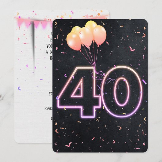 40e verjaardag Neon Sign On Black Invitation Kaart (Voorkant / Achterkant)