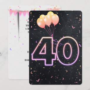 40e verjaardag Neon Sign On Black Invitation Kaart
