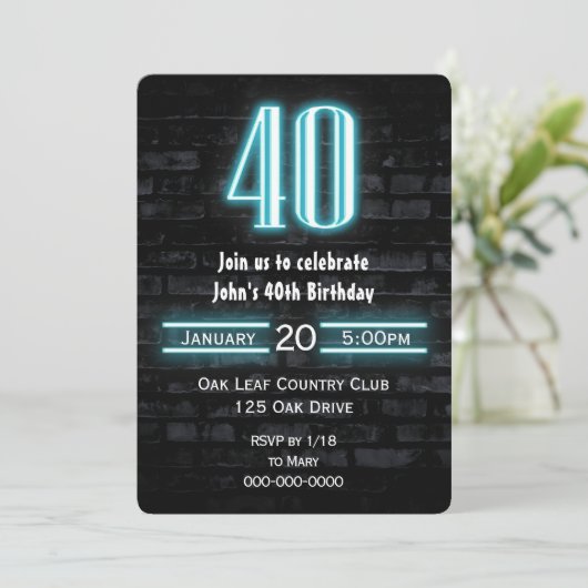 40e verjaardag Neon Sign on Brick Kaart (Staand voorkant)