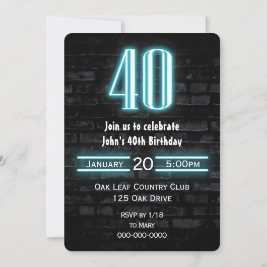 40e verjaardag Neon Sign on Brick Kaart (Voorkant)