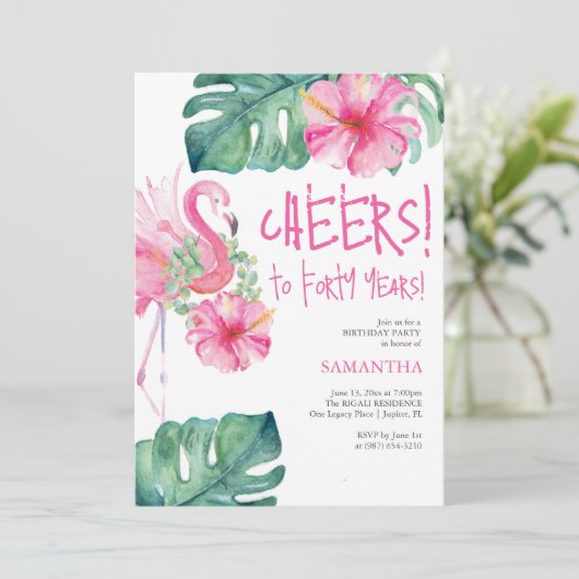 40e verjaardag nodigt Waterverf roze flamingo uit Kaart (Staand voorkant)
