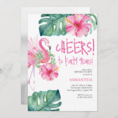 40e verjaardag nodigt Waterverf roze flamingo uit Kaart (Voorkant / Achterkant)