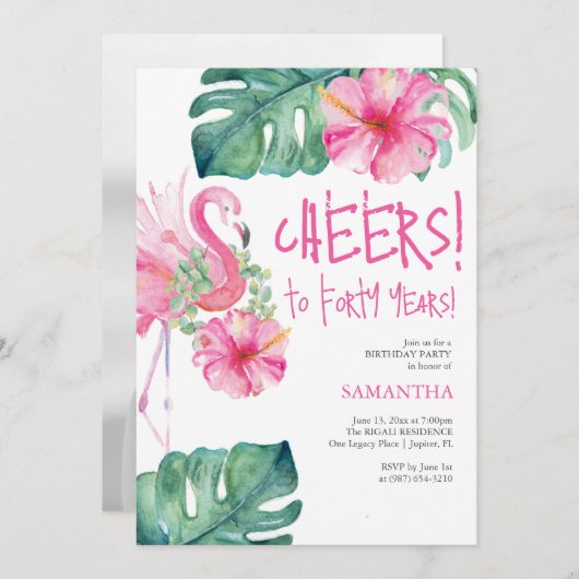 40e verjaardag nodigt Waterverf roze flamingo uit Kaart (Voorkant / Achterkant)