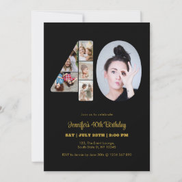 40e verjaardag nummer 40 Fotocollage Modern Zwart Kaart