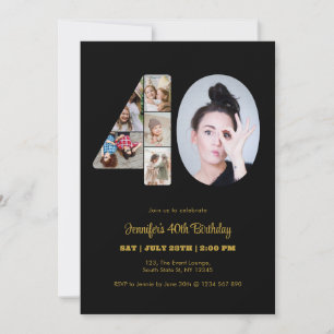 40e verjaardag nummer 40 Fotocollage Modern Zwart Kaart