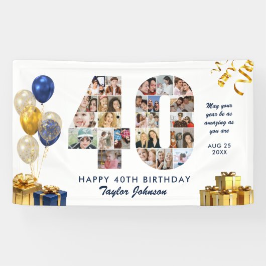 40e verjaardag Nummer 40 Fotocollage Wit Goud Spandoek (Horizontaal)