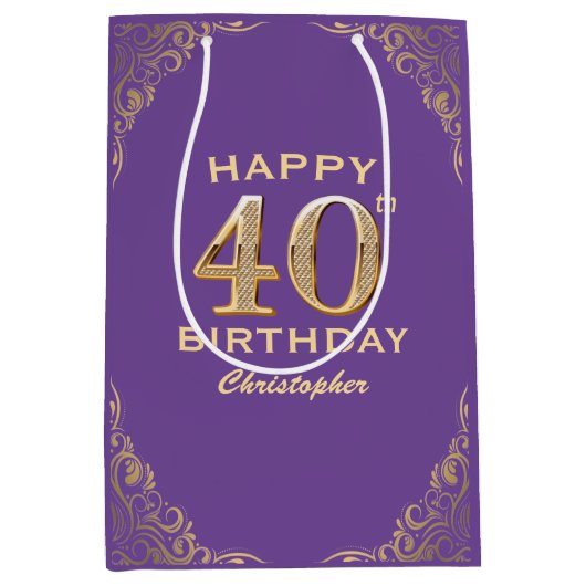 40e verjaardag Paars en goudglitter Lijst Medium Cadeauzakje (Voorkant)