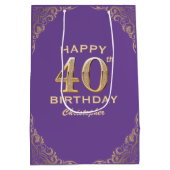 40e verjaardag Paars en goudglitter Lijst Medium Cadeauzakje (Achterkant)