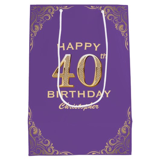 40e verjaardag Paars en goudglitter Lijst Medium Cadeauzakje (Achterkant)