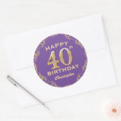 40e verjaardag Paars en goudglitter Lijst Ronde Sticker (Envelop)