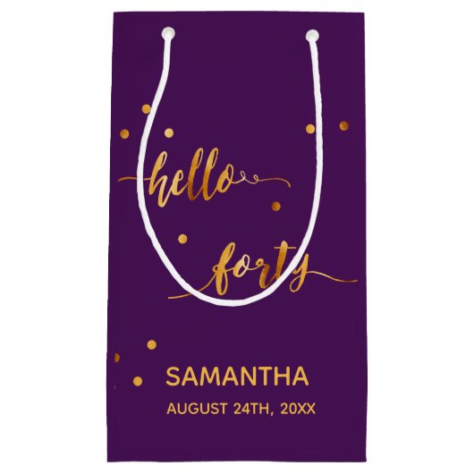 40e verjaardag paars goud hallo 40 naamscript klein cadeauzakje (Voorkant)