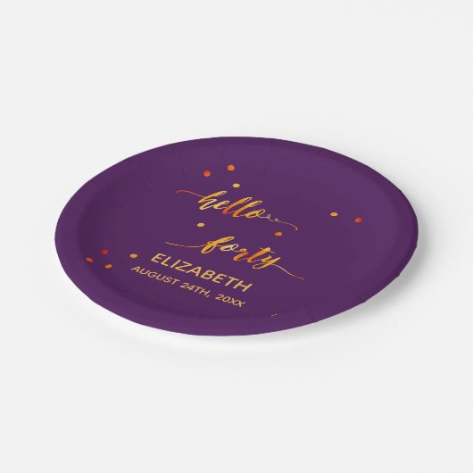 40e verjaardag paars goud hallo 40 naamscript papieren bordje (Gekanteld)