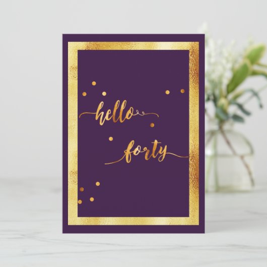 40e verjaardag paars goud hallo 40 script kaart (Staand voorkant)