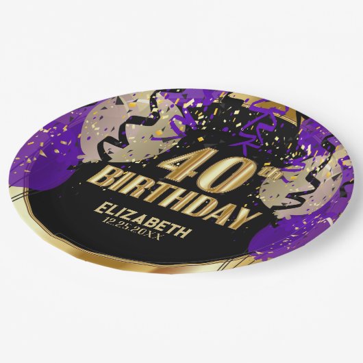 40e verjaardag - Paarse ballonnen Papieren Bordje (Gekanteld)