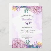 40e verjaardag paarse bloemenuitnodiging kaart (Voorkant / Achterkant)