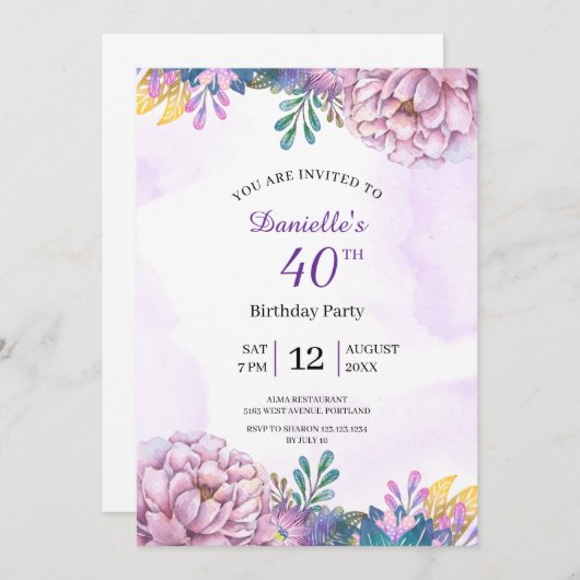 40e verjaardag paarse bloemenuitnodiging kaart (Voorkant / Achterkant)