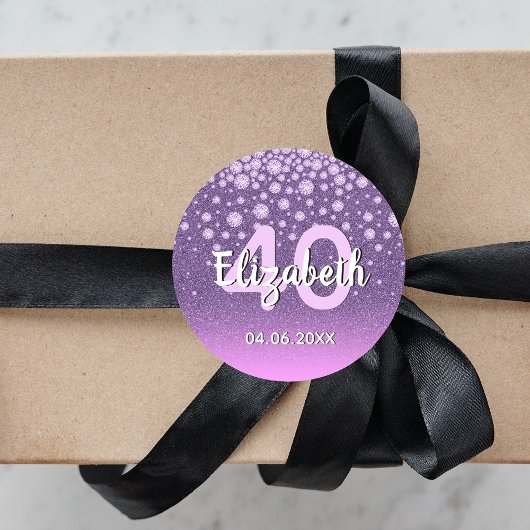 40e verjaardag paarse diamanten glitter ronde sticker