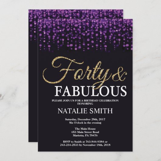 40e verjaardag Paarse en gouden glitter Kaart (Voorkant / Achterkant)
