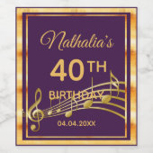 40e verjaardag paarse en gouden muziek wijn etiket (Enkel label)