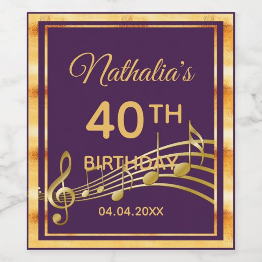 40e verjaardag paarse en gouden muziek wijn etiket (Enkel label)