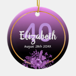 40e verjaardag paarse florale naam keramisch ornament