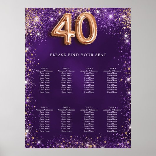 40e verjaardag paarse glitter zitkaart poster (Voorkant)