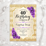 40e verjaardag - Paarse goudstapes Rozen Kaart<br><div class="desc">40e uitnodiging van de verjaardag. Elegant design in goud en paars. Met faux glitter Gold stripes,  paarse rozen en stijlvolle scriptlettertypen en confetti. Ideaal voor een glam verjaardagsfeestje.</div>