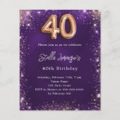 40e Verjaardag paarse roos gouden uitnodiging (Voorkant)