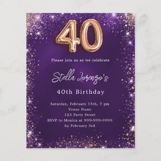 40e Verjaardag paarse roos gouden uitnodiging (Voorkant)