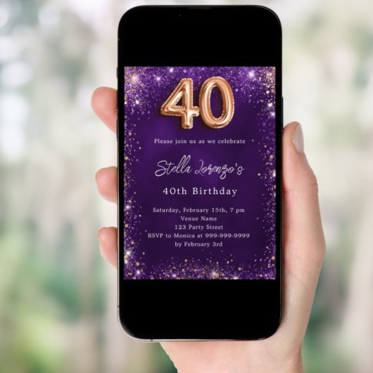 40e Verjaardag paarse rozen gouden fonkelingen Kaart