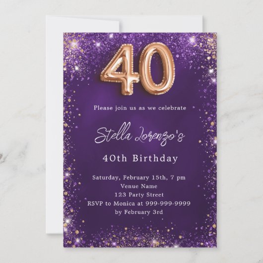 40e Verjaardag paarse rozen gouden fonkelingen Kaart (Voorkant)