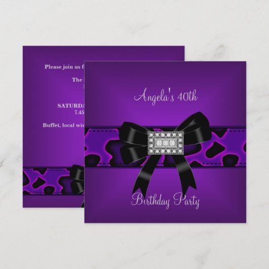 40e verjaardag Paarse Wilde Black Bow Diamonds Kaart (Voorkant / Achterkant)
