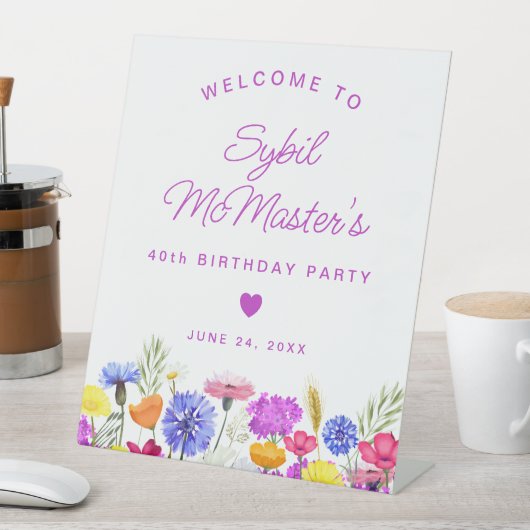 40e Verjaardag Paarse Wildflowers Welkomstbord Reclamebord Met Voetstuk (Insitu)