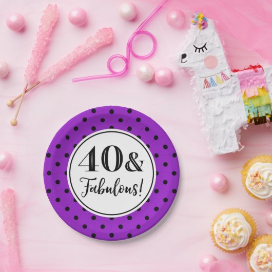 40e verjaardag Paarse witte zwarte Stippen Papieren Bordje (Feest)