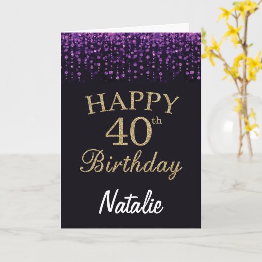 40e Verjaardag Paarse Zwart en Goud Glitter Kaart (Gele Bloem)