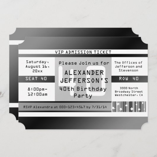 40e verjaardag partij ticket vormige uitnodigingen (Voorkant / Achterkant)