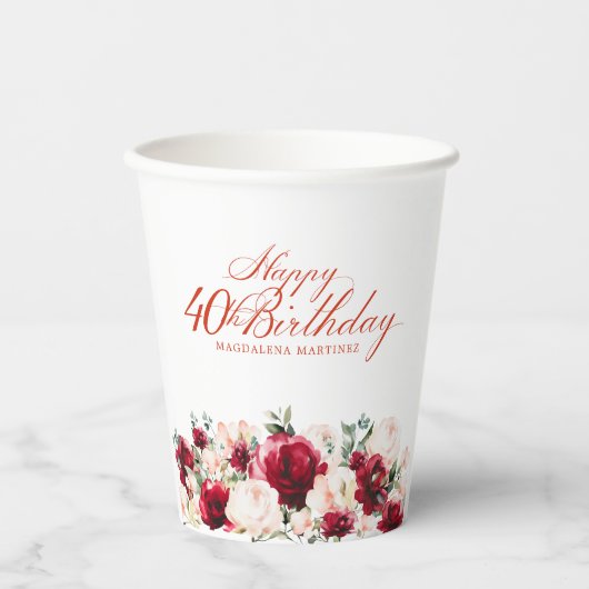 40e Verjaardag Party Red Rose Pink Peony Custom Papieren Bekers (Voorkant)