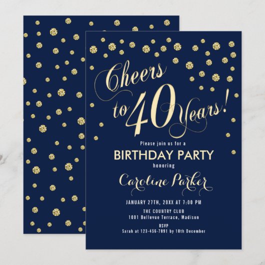 40e verjaardag Party uitnodiging - Gold Navy (Voorkant / Achterkant)