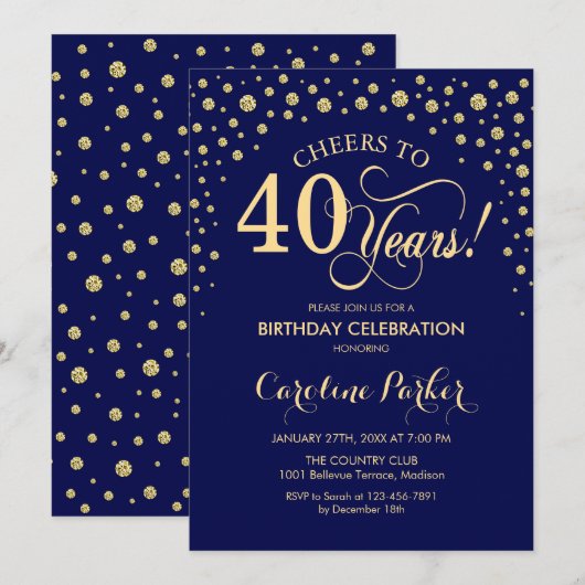 40e verjaardag Party uitnodiging - Gold Navy Blue (Voorkant / Achterkant)