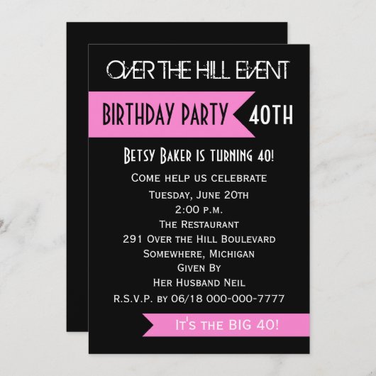 40e verjaardag Party Uitnodiging Roze Over de Heuv (Voorkant / Achterkant)