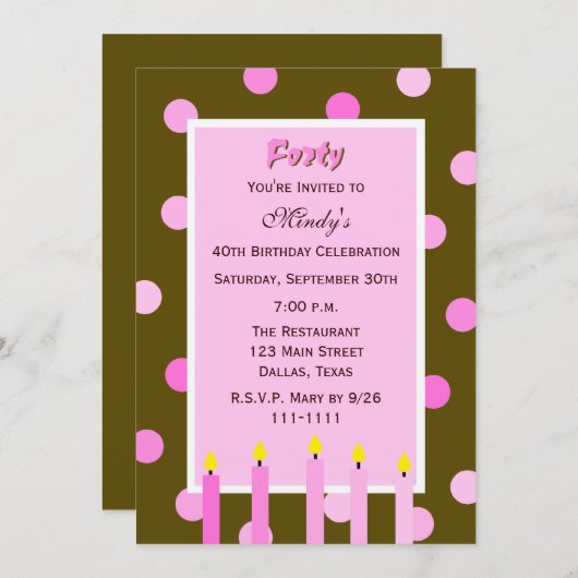40e verjaardag Party uitnodiging roze polka stippe (Voorkant / Achterkant)