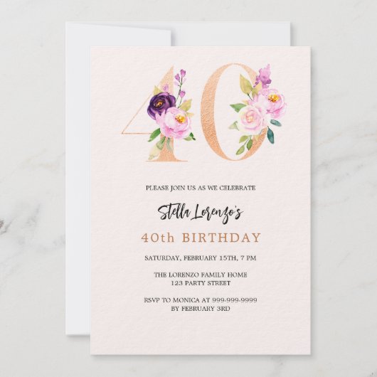 40e verjaardag perzik bloemennummer goud luxe kaart (Voorkant)