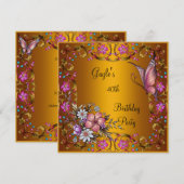 40e verjaardag Pink Floral Butterfly Gold Kaart (Voorkant / Achterkant)