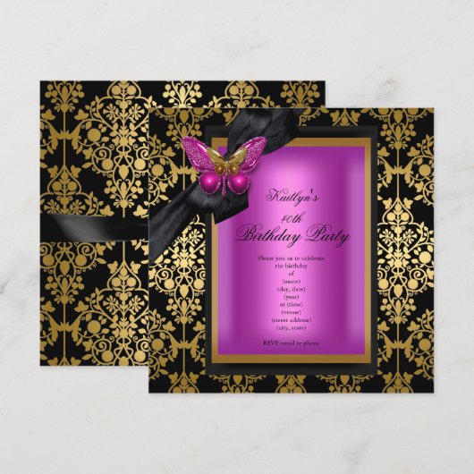 40e verjaardag Pink Gold Damask Butterfly Kaart (Voorkant / Achterkant)