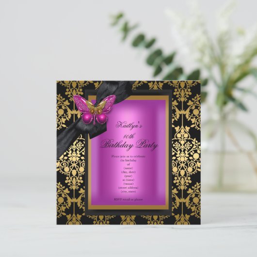 40e verjaardag Pink Gold Damask Butterfly Kaart (Staand voorkant)