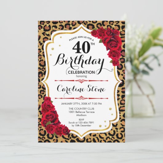40e verjaardag - Red Gold Leopard Print Kaart (Staand voorkant)