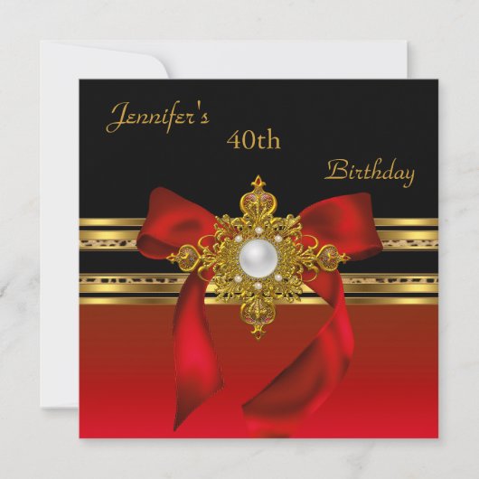 40e verjaardag Red Gold Pearl Jewel Red Bow Kaart (Voorkant)