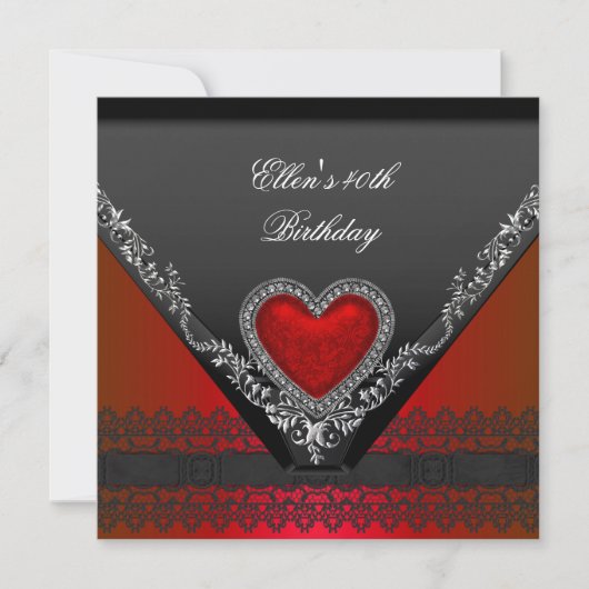 40e verjaardag Red Heart Jewel Black White Kaart (Voorkant)