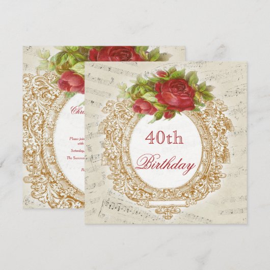  40e Verjaardag Red Rose Lijst Muziekblad Kaart (Voorkant / Achterkant)