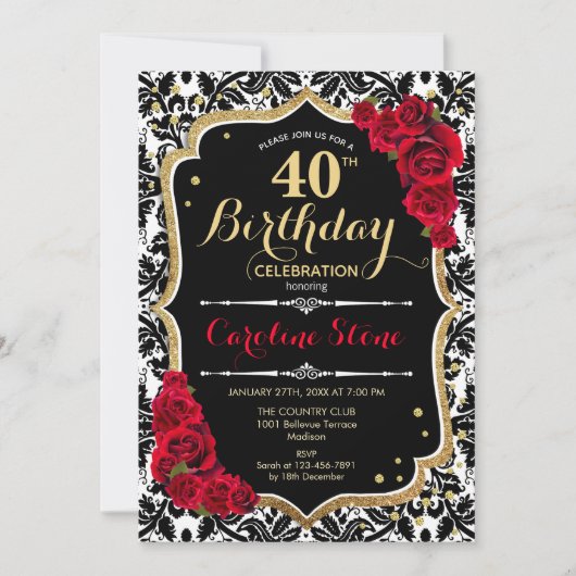 40e verjaardag - Red Roses Gold Black Damask Kaart (Voorkant)